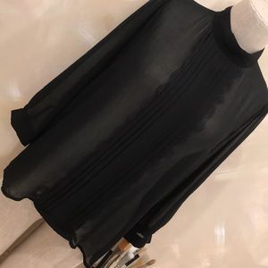 Sheer black pleated lace high neck blouse